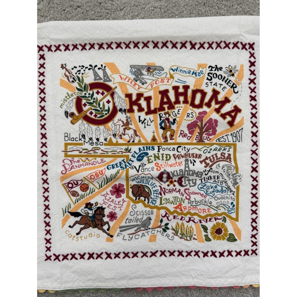 Catstudio Oklahoma State Dish Towel Hand Embroidered Cotton Tea Towel Souvenir